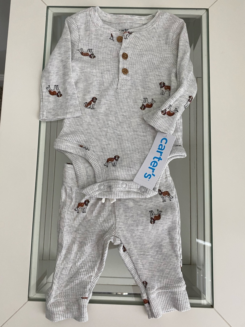 Carter's White Waffle Knit Baby Two-Piece Set with Puppy Accent